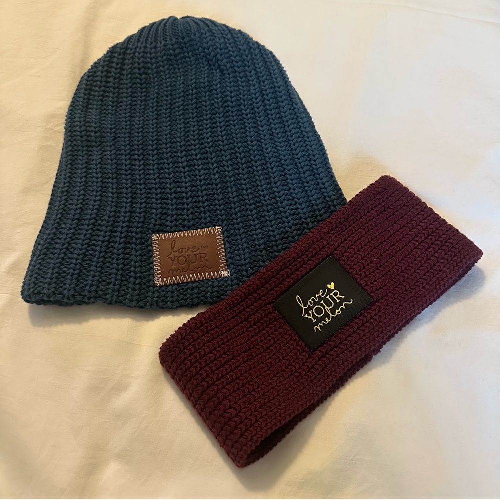 Love Your Melon Teal Beanie and Maroon Knit Headband